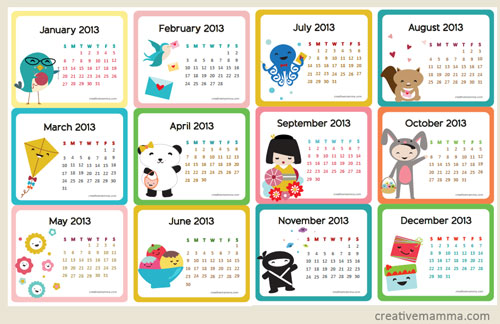 Mini Kawaii 2013 printable calendar