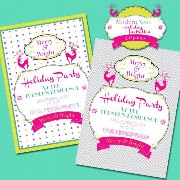 Neon Merry and Bright Christmas Party Invites