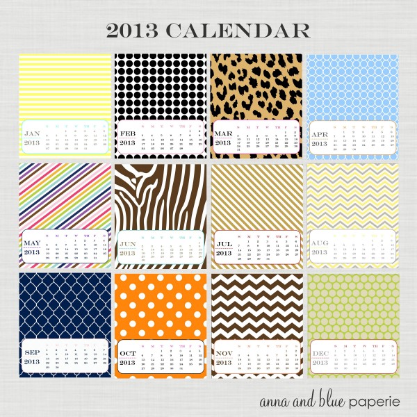 Fun patterned 2013 printable calendar