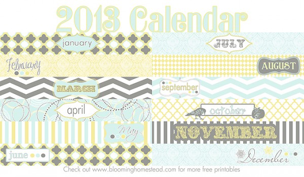 Pretty colored monthly printable 2013 calendar