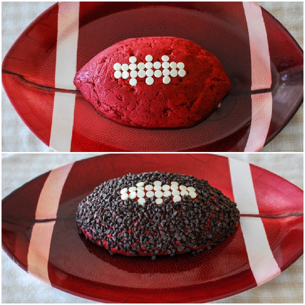 Football red velvet cheese ball on platter