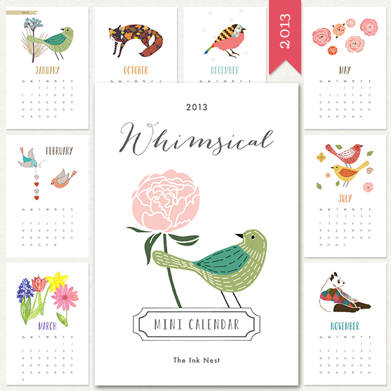 Whimsical mini printable calendar for 2013