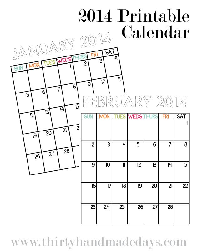 Free printable calendar from 30 Handmade Days