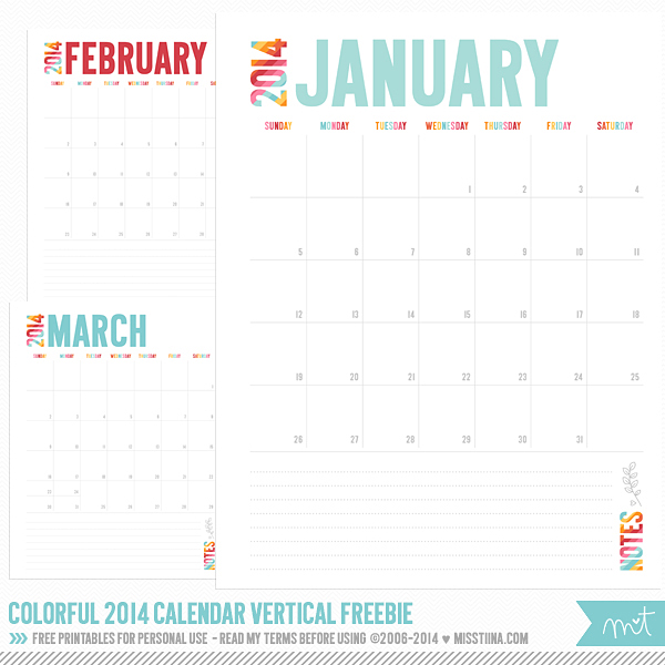 Pretty colorful printable calendar