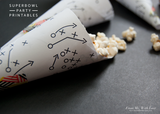 Football party popcorn cones + drink tags