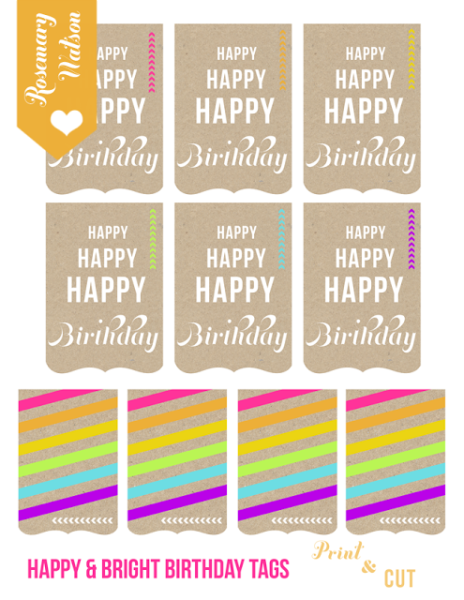 Kraft and Rainbow free printable Happy Birthday tags