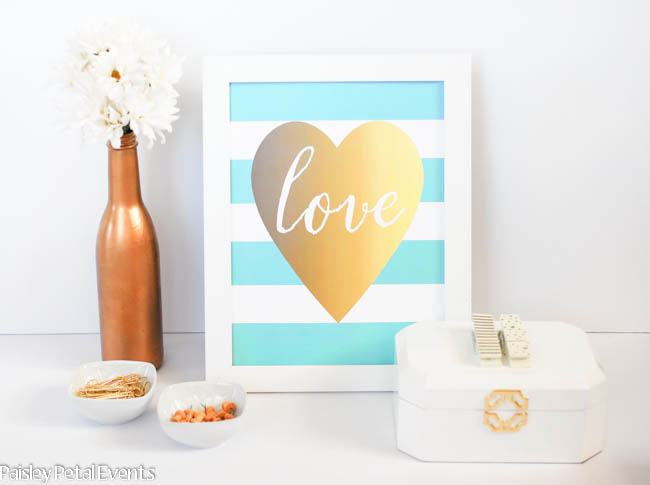 Aqua and white stripe with gold foil heart art print. Free printable!