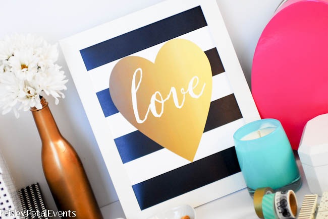 Black and white stripe + gold foil heart. Free printable Valentine's Day art print.