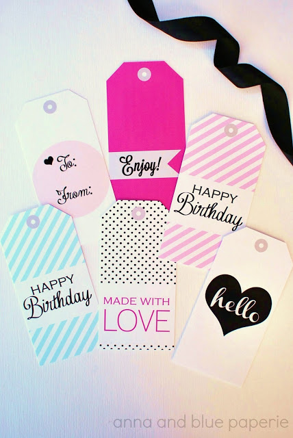 Happy Birthday tags - pink, aqua and black color scheme