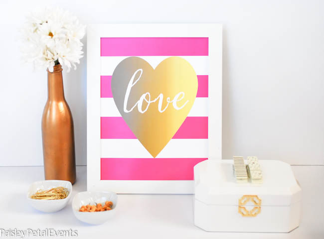 Pink and white stripe gold foild heart art prints. Free printable for Valentine's Day decor.