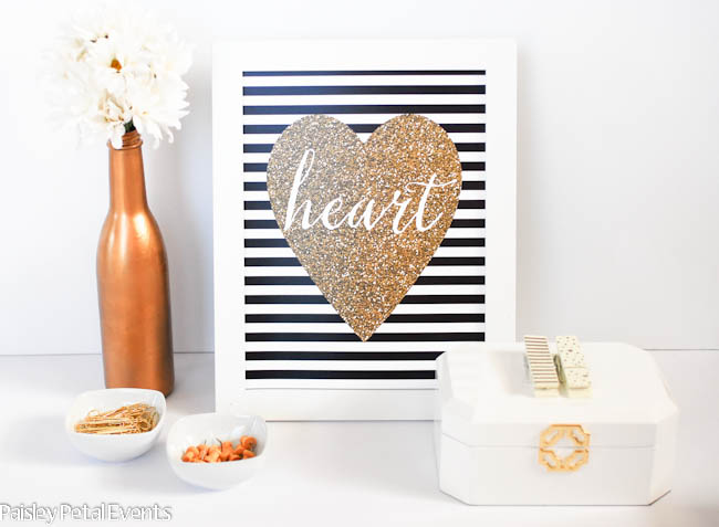 Small black and white stripe with glitter heart art print. Free printable to add to your Valentine's Day decor.