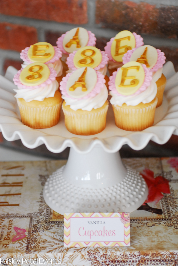 Pink and Gold Paris party - delicious cupcakes with pretty fondant toppers