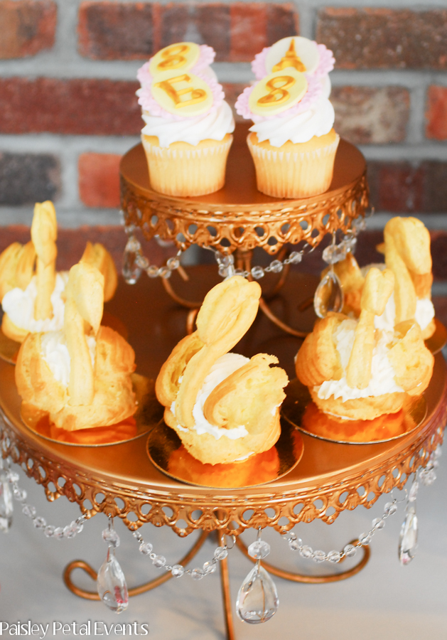 Pink and Gold Paris party - swan cream puffs and cupcakes