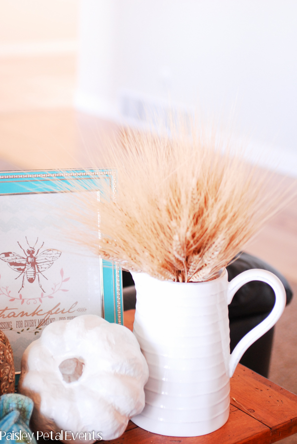Fall vignette with a white, gold and aqua color scheme
