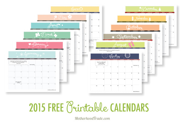 Monthly themed printable calendars for 2015