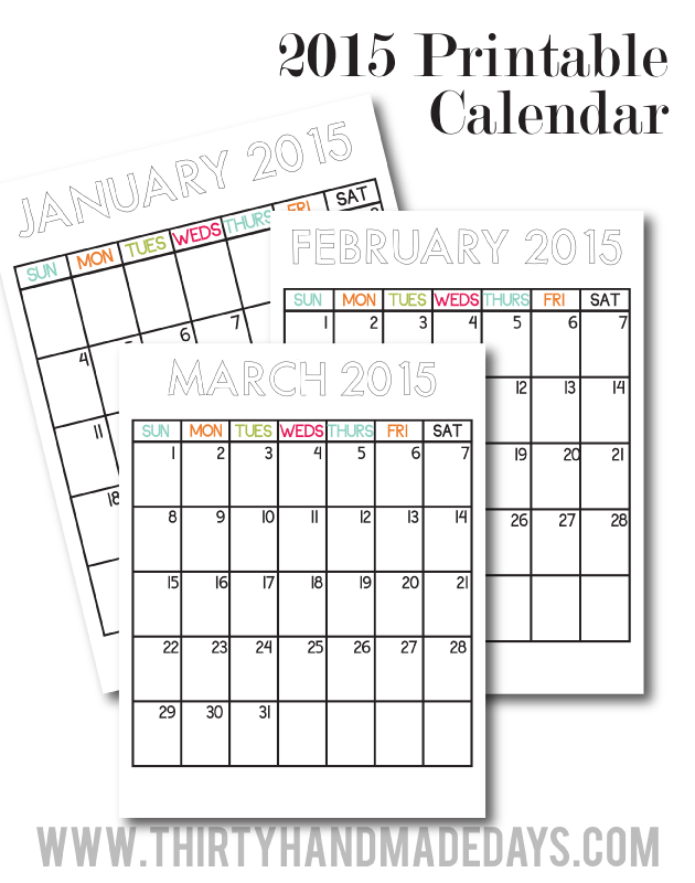 2015 printable calendar from 30 Handmade Days