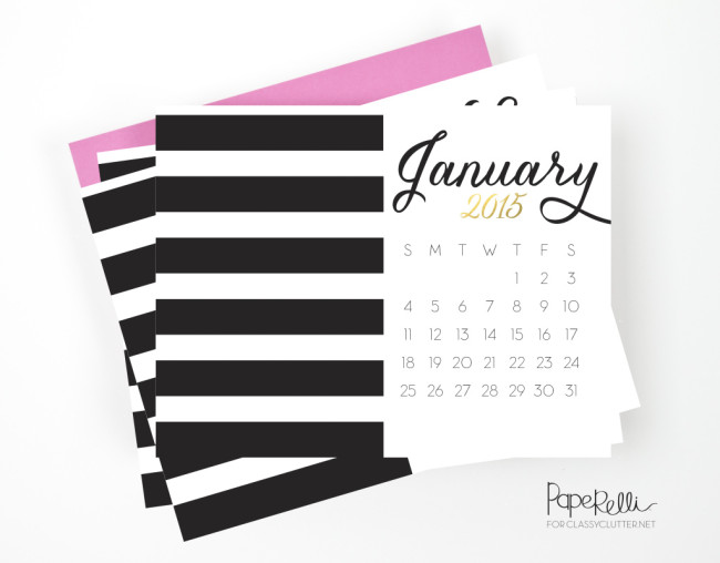 Free printable black and white and gold stripe calendars for 2015