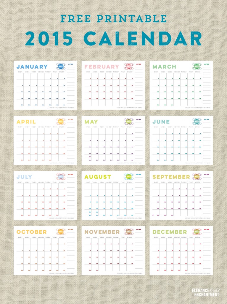 Free printable calendar for 2015 - all months with different colors & designs