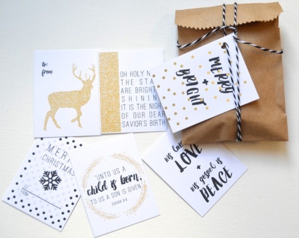 Modern black and white with pops of gold free printable Christmas gift tags