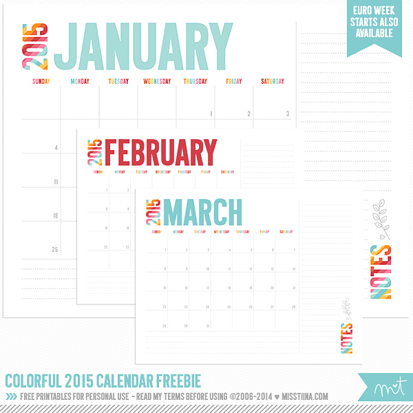 Colorful 2015 free printable calendar from Miss Tiina