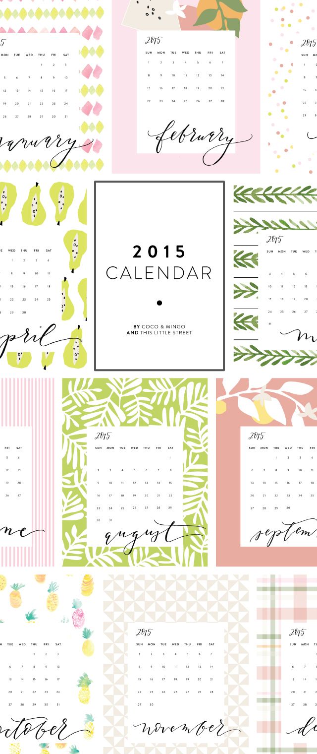 Pretty printable calendar for 2015