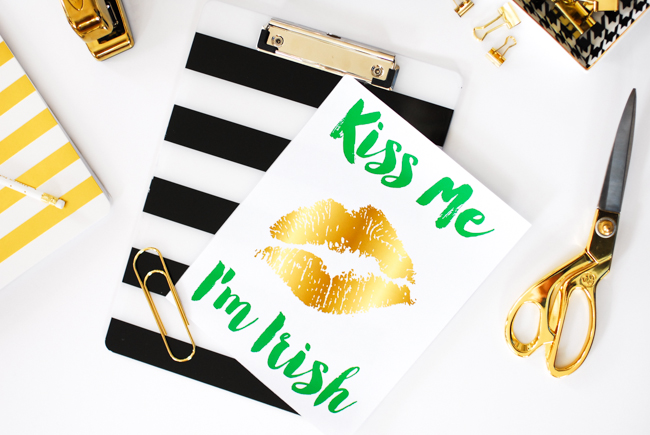 St. Patrick's Day printable - Kiss Me I'm Irish art print in a kelly green and gold color scheme